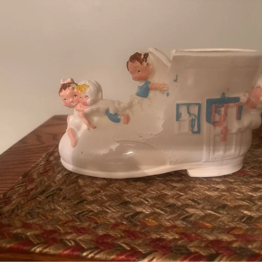 Vintage White Ceramic Baby Shoe with Pink and Blue Accents - Vintage